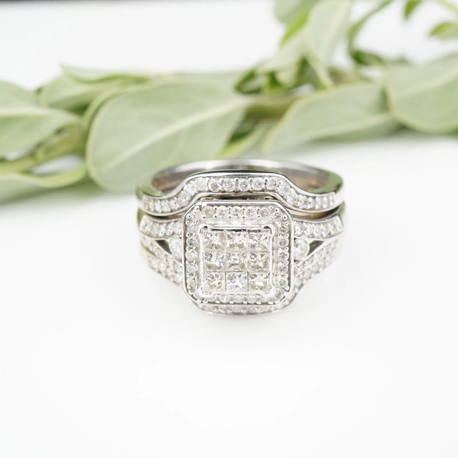 14k White Gold Diamond Cluster Halo Ring Bridal Set 1.5 ctw Size 7 IKS RG3869