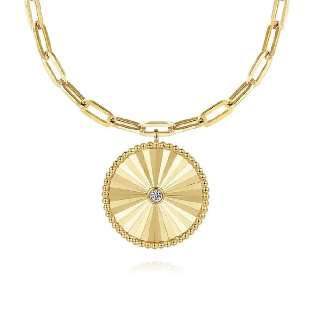 14K Y Gold 0.05ctw 21mm Textured Diamond Medallion 18" Hollow Paperclip Chain