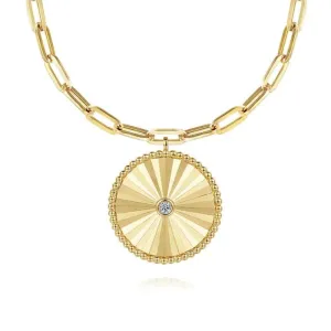 14K Y Gold 0.05ctw 21mm Textured Diamond Medallion 18" Hollow Paperclip Chain