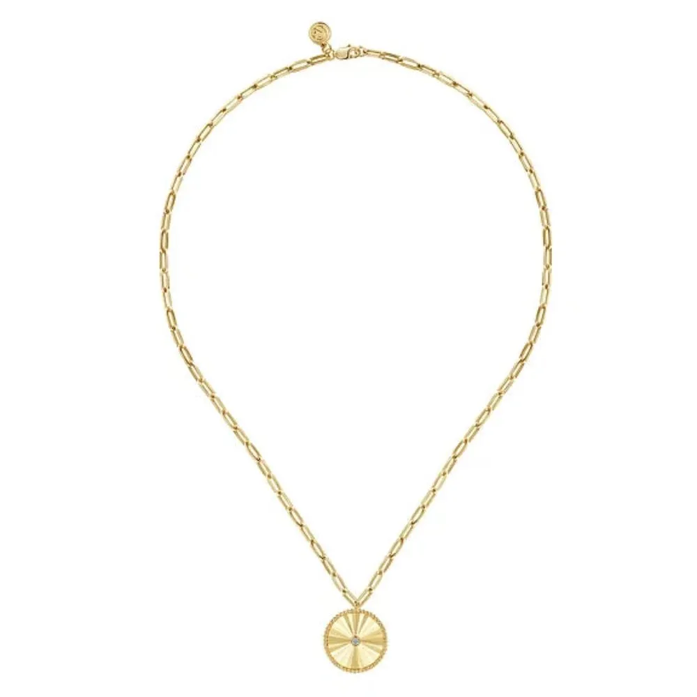 14K Y Gold 0.05ctw 21mm Textured Diamond Medallion 18" Hollow Paperclip Chain