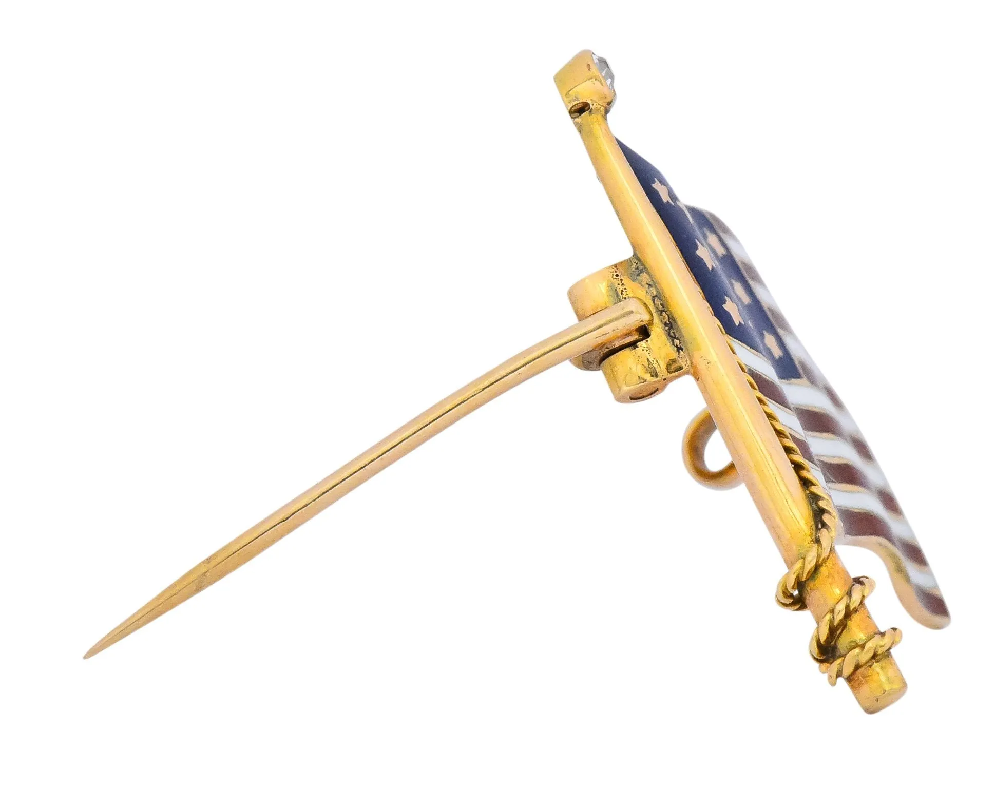 Art Nouveau Diamond Enamel 14 Karat Gold United States Patriotic Flag Pin