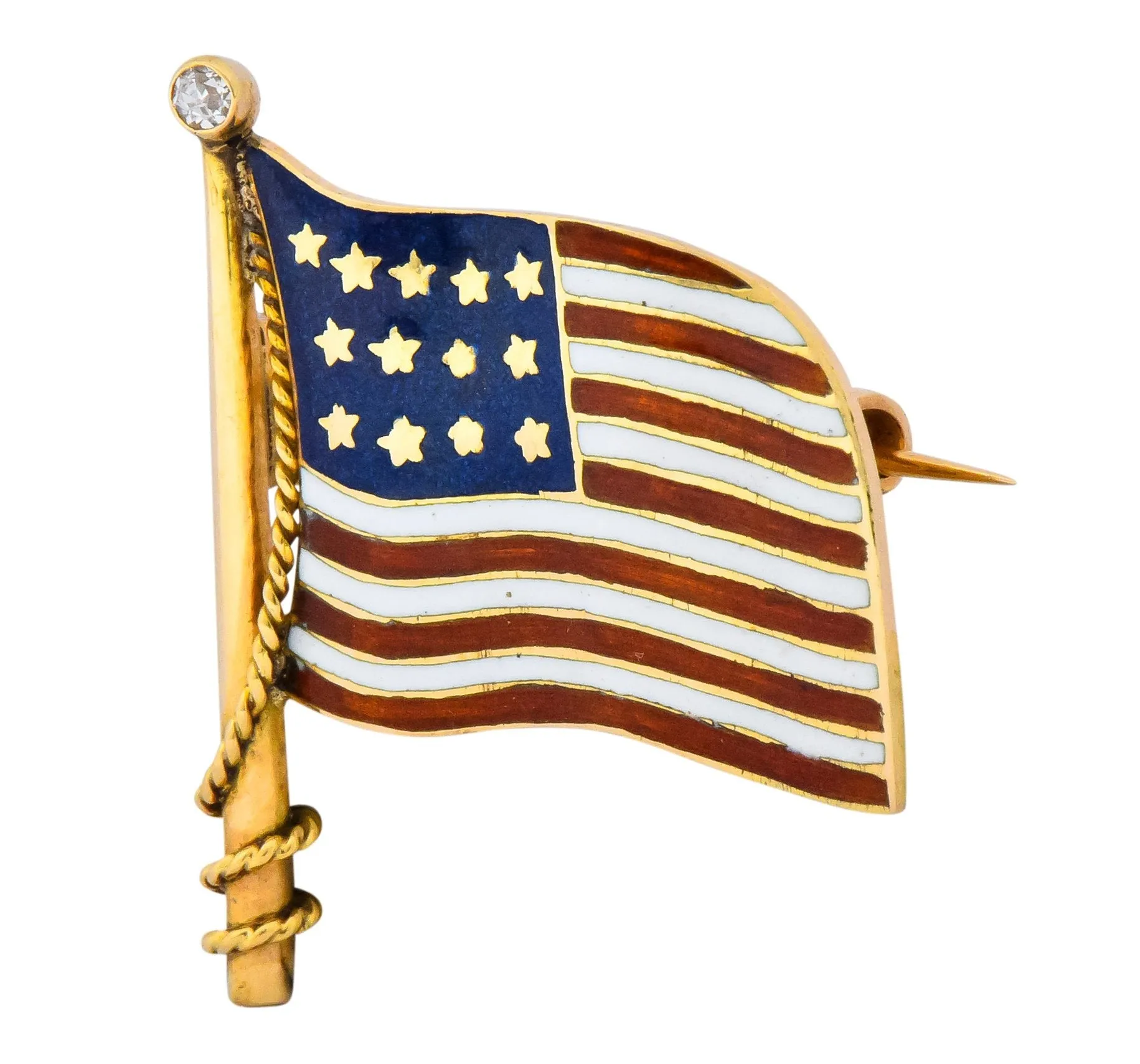 Art Nouveau Diamond Enamel 14 Karat Gold United States Patriotic Flag Pin