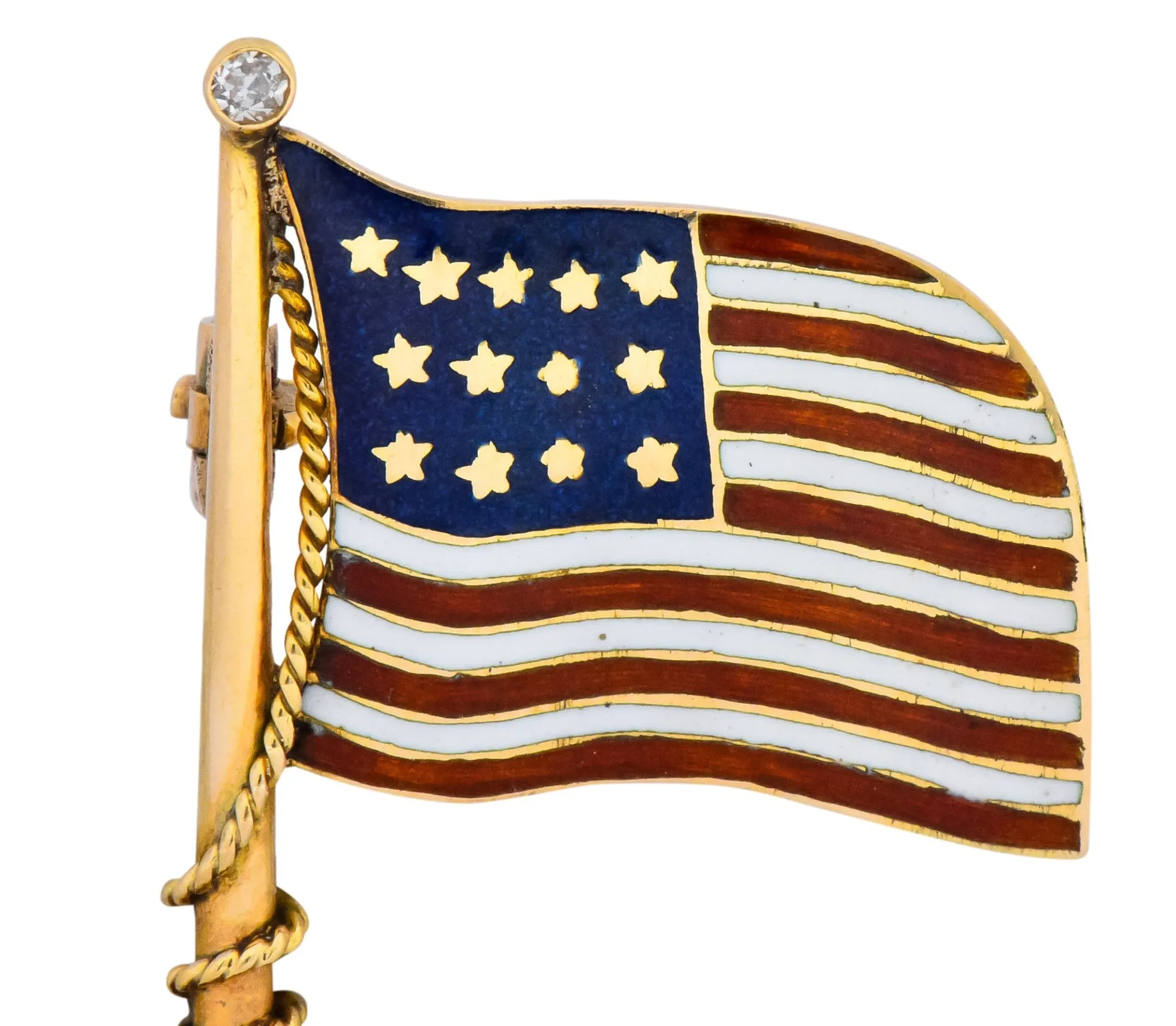 Art Nouveau Diamond Enamel 14 Karat Gold United States Patriotic Flag Pin