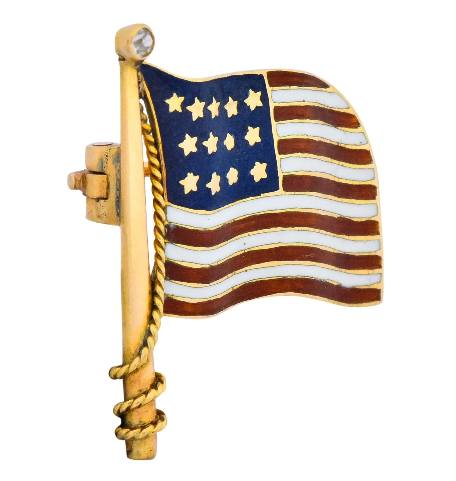 Art Nouveau Diamond Enamel 14 Karat Gold United States Patriotic Flag Pin