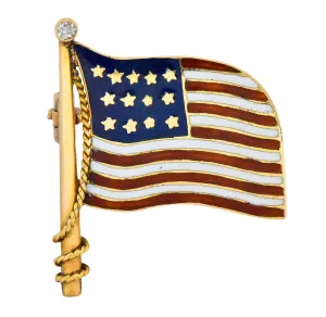 Art Nouveau Diamond Enamel 14 Karat Gold United States Patriotic Flag Pin