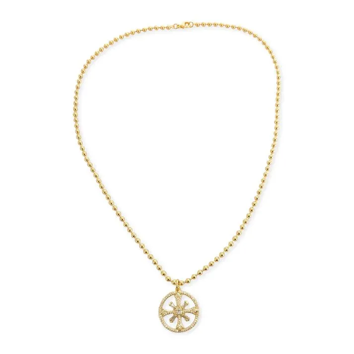Brass YGP 24" 4mm Bead Necklace With CZ Medallion