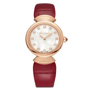 Bulgari Divas Dream 30mm Watch - Ref: 102840 - MOP Diamond Index Dial in 18K Rose Gold Case, Red Alligator Leather