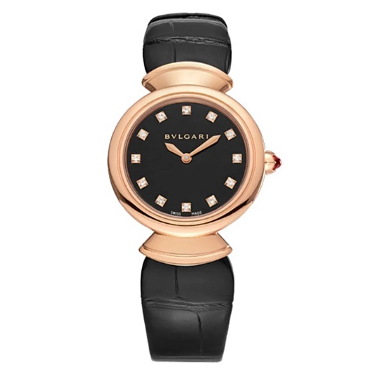 Bulgari Divas Dream 30mm Watch - Ref: 102841 - Black Diamond Index Dial in 18K Rose Gold Case, Black Alligator Leather