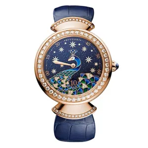Bulgari Divas Dream 30mm Watch - Ref: 103114 - Blue Peacock Index Dial in 18K Rose Gold Case & Diamond Bezel, Blue Alligator Leather