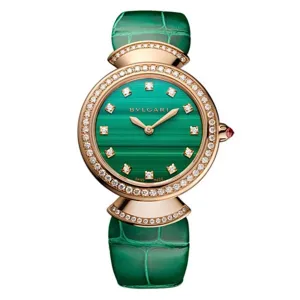Bulgari Divas Dream 30mm Watch - Ref: 103119 - Malachite Diamond Index Dial in 18K Rose Gold Case & Diamond Bezel, Green Alligator Leather