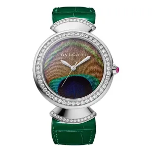 Bulgari Divas Dream 30mm Watch - Ref: 103885 - Peacock Feather Dial in 18K White Gold Case & Diamond Bezel Green Alligator Leather