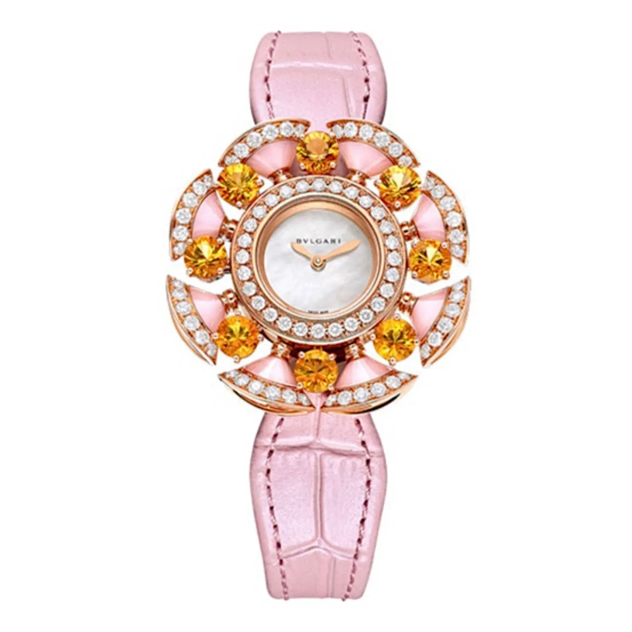 Bulgari Divas Dream 33mm Watch - Ref: 103635 - MOP Dial in 18K Rose Gold Case & Diamond Bezel, Pink Alligator Leather