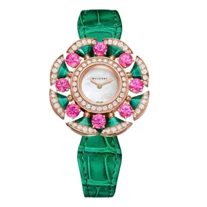 Bulgari Divas Dream 33mm Watch - Ref: 103636 - MOP Dial in 18K Rose Gold Case & Diamond Bezel, Green Alligator Leather