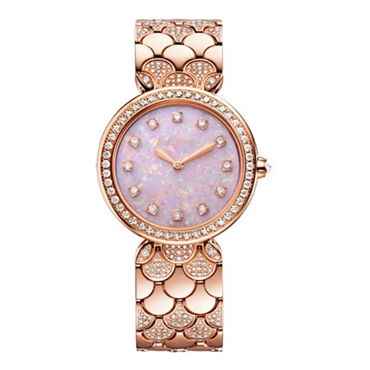 Bulgari Divas Dream 33mm Watch - Ref: 103647 - Pink Opal Dial & Diamond Bezel, 18K Rose Gold Pave Diamond Bracelet