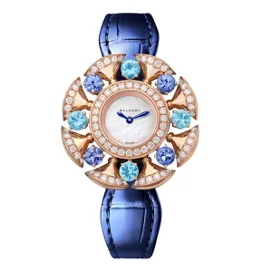 Bulgari Divas Dream 33mm Watch - Ref: 103752 - MOP Dial in 18K Rose Gold Case & Diamond Bezel, Blue Alligator Leather