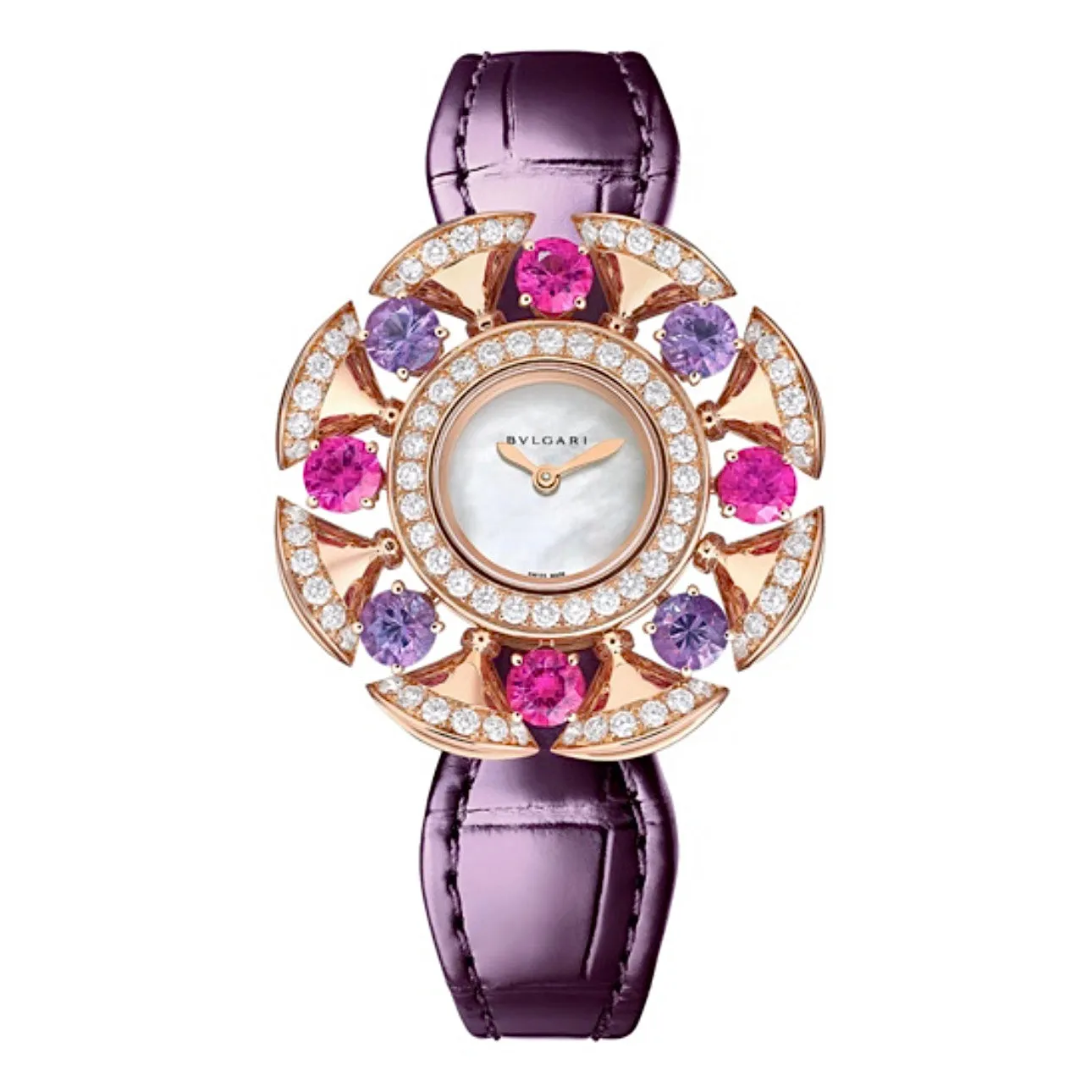 Bulgari Divas Dream 33mm Watch - Ref: 103753 - MOP Dial in 18K Rose Gold Case & Diamond Bezel, Purple Alligator Leather