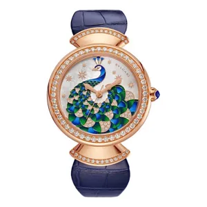 Bulgari Divas Dream 37mm Watch - Ref: 102741 - MOP Peacock Dial in 18K Rose Gold Case & Diamond Bezel, Blue Alligator Leather