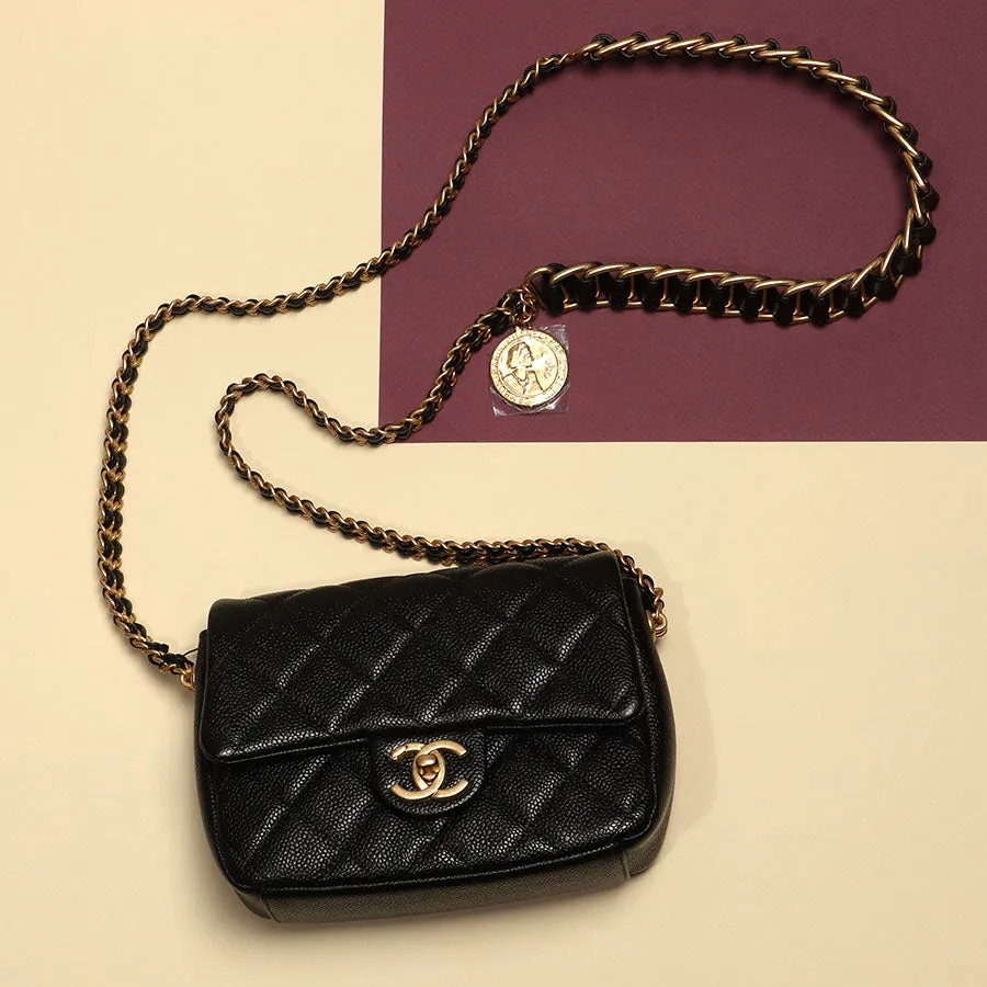 Chanel Mini Black Quilted Caviar Mdallion Flap