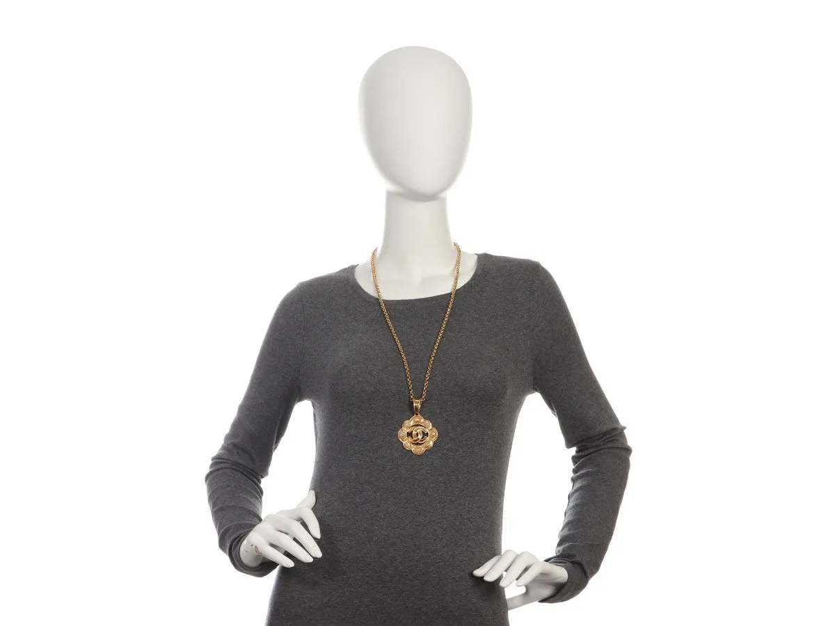 Chanel Vintage Long Pearl Logo Medallion Pendant Necklace
