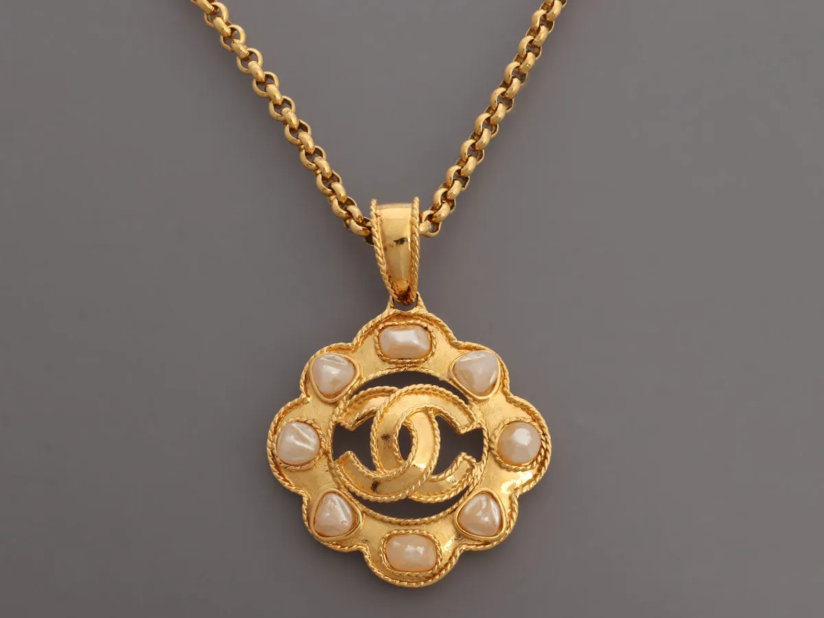 Chanel Vintage Long Pearl Logo Medallion Pendant Necklace
