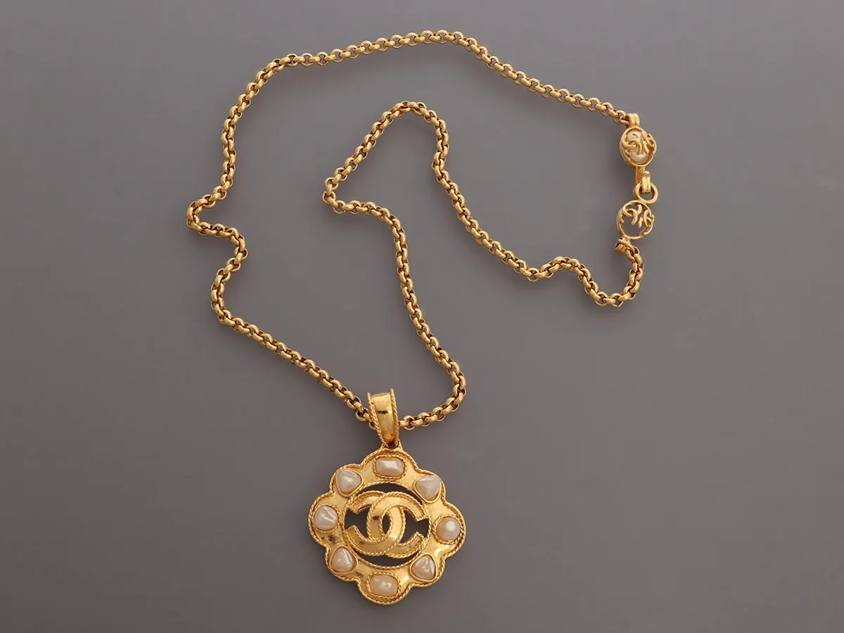 Chanel Vintage Long Pearl Logo Medallion Pendant Necklace