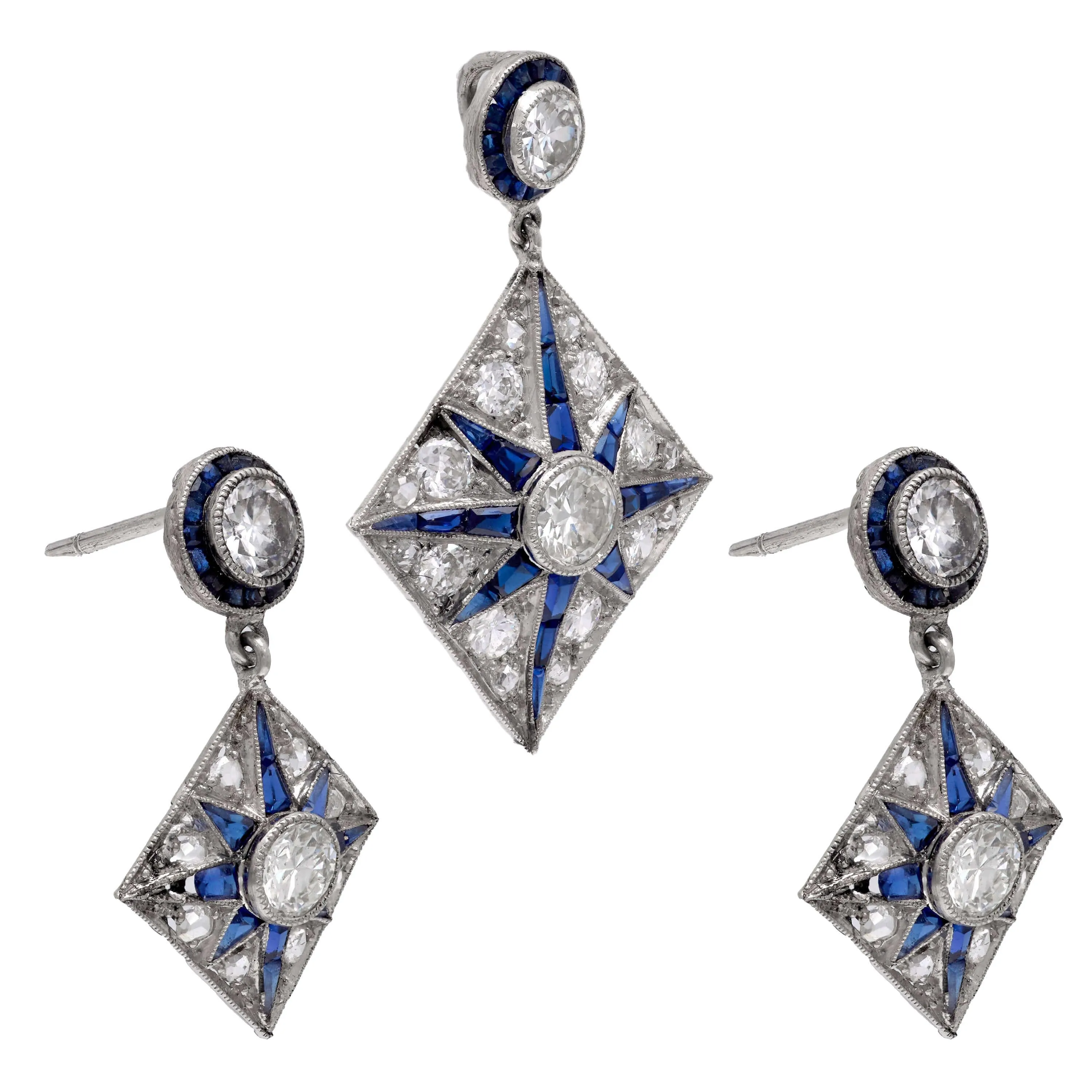 Edwardian Platinum Diamond and Sapphire Star-Motif Earring and Pendant Set