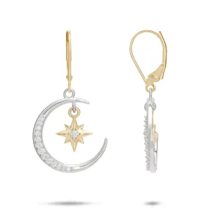 Moon & Star Mermaid Earrings in Two Tone Gold with Diamonds