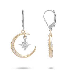 Moon & Star Mermaid Earrings in Two Tone Gold with Diamonds
