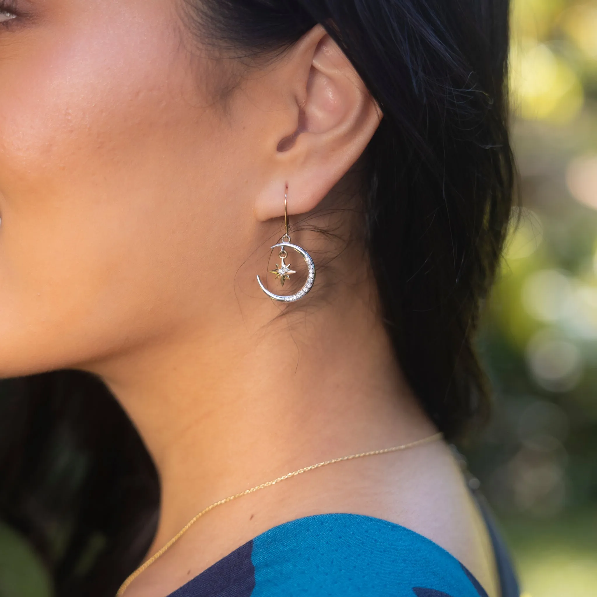 Moon & Star Mermaid Earrings in Two Tone Gold with Diamonds