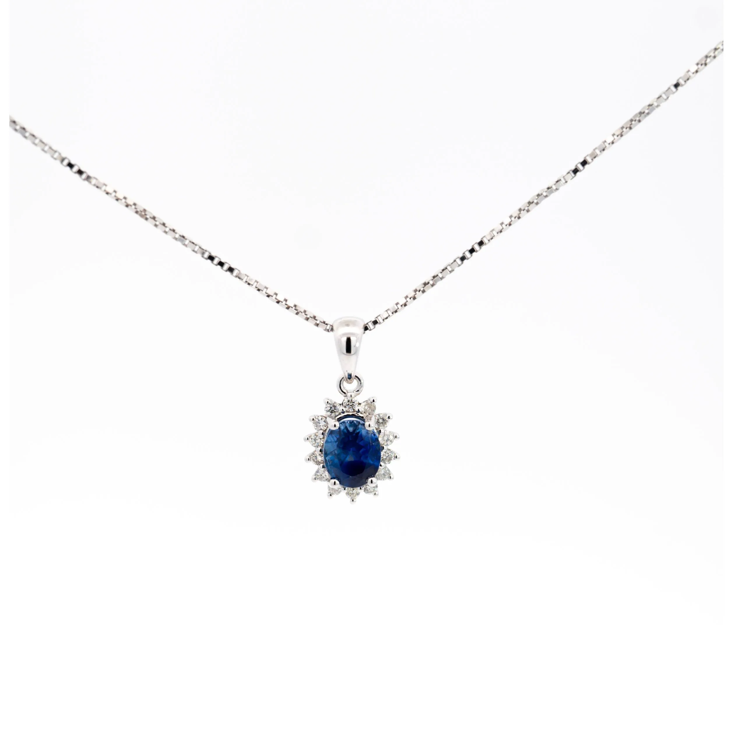 Natural 1.20 Carat Oval-Cut Blue Sapphire and Diamond Halo Pendant Necklace