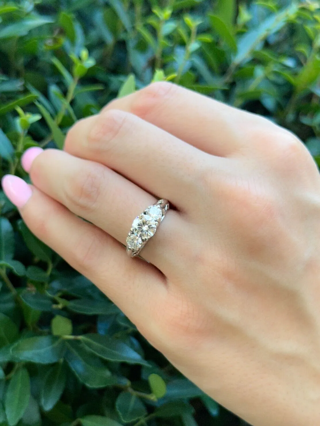 Platinum 3-Stone 1.8 ct Natural Diamond Engagement Ring Size 5.25 Vintage RG4351