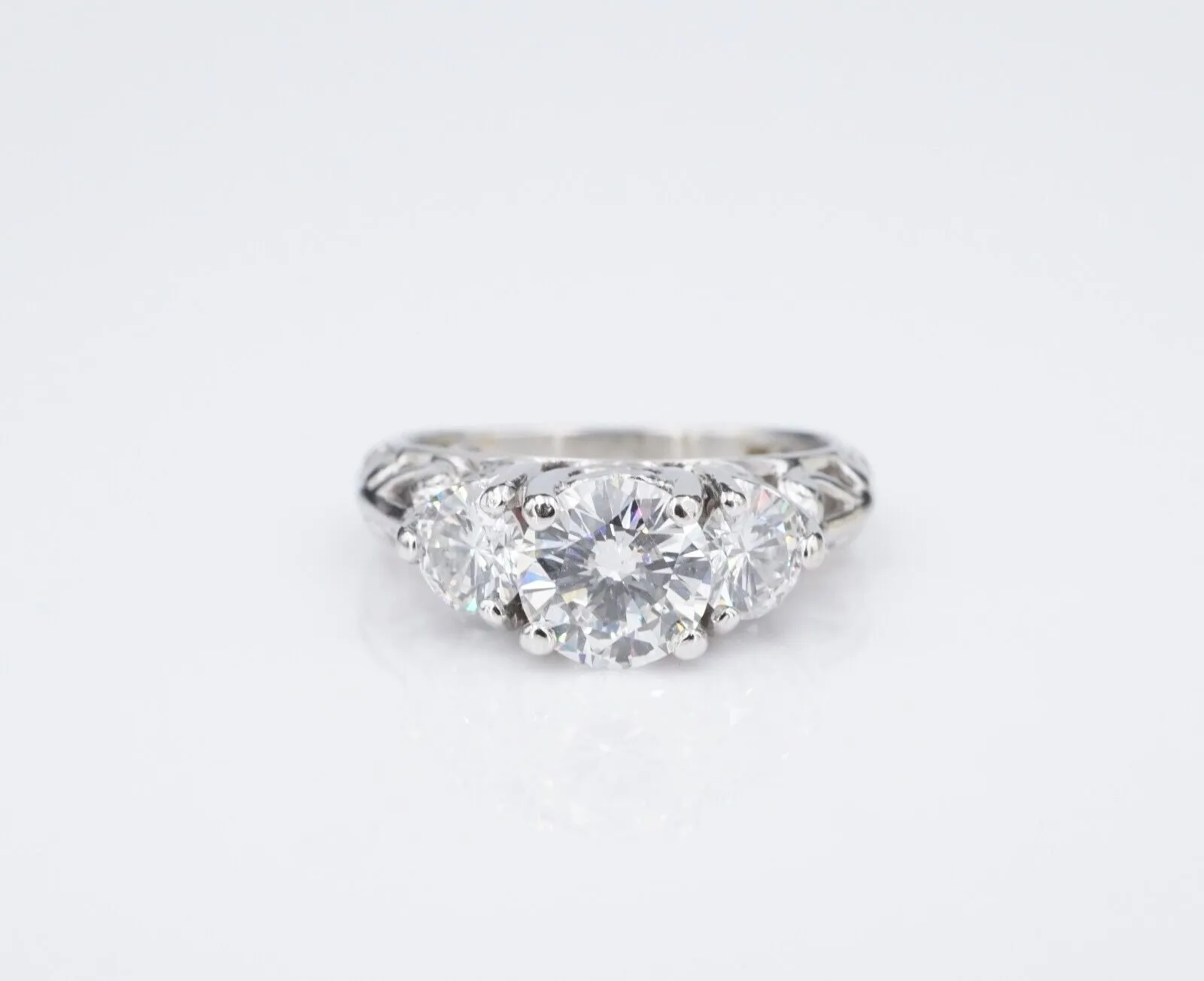 Platinum 3-Stone 1.8 ct Natural Diamond Engagement Ring Size 5.25 Vintage RG4351