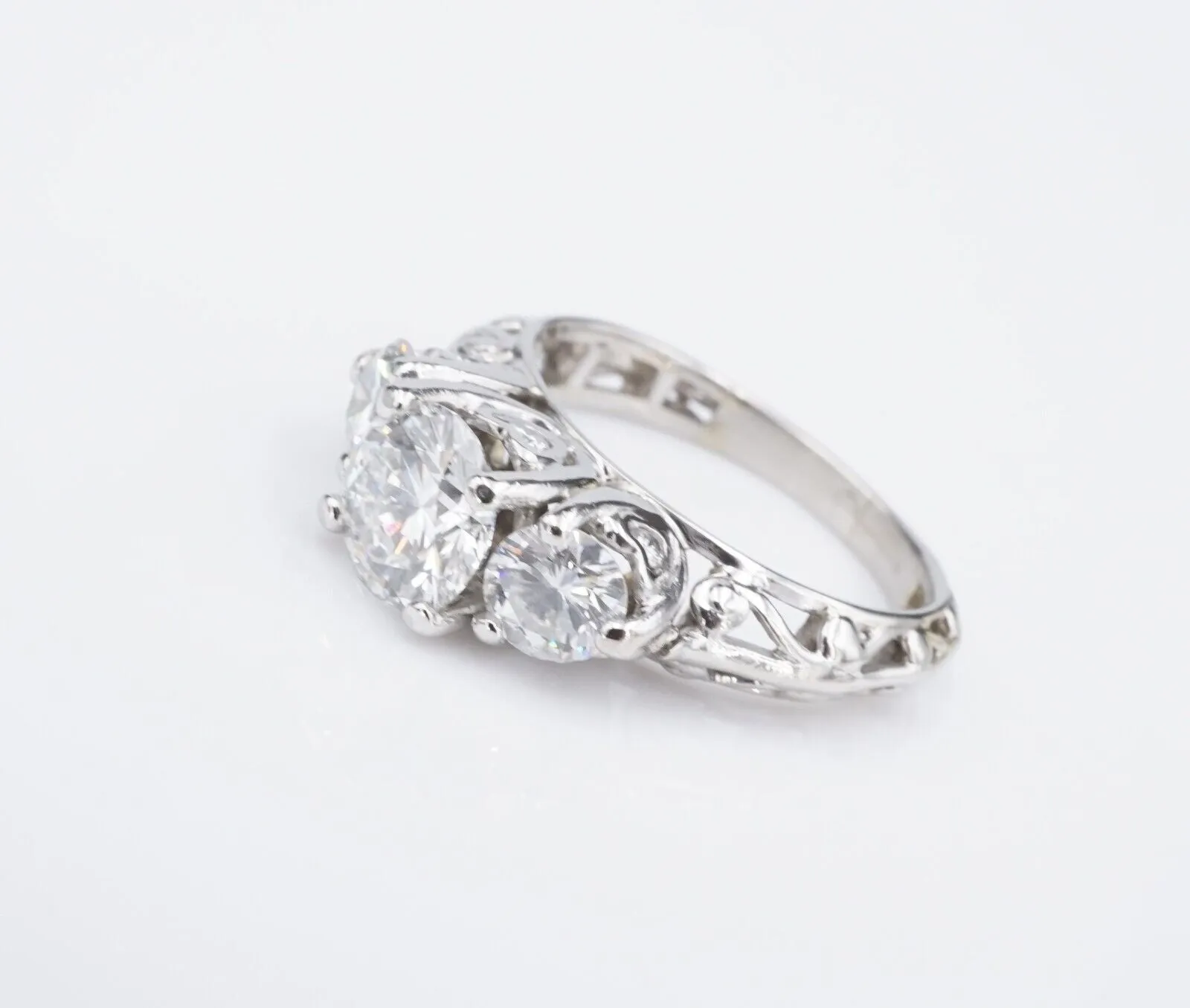 Platinum 3-Stone 1.8 ct Natural Diamond Engagement Ring Size 5.25 Vintage RG4351