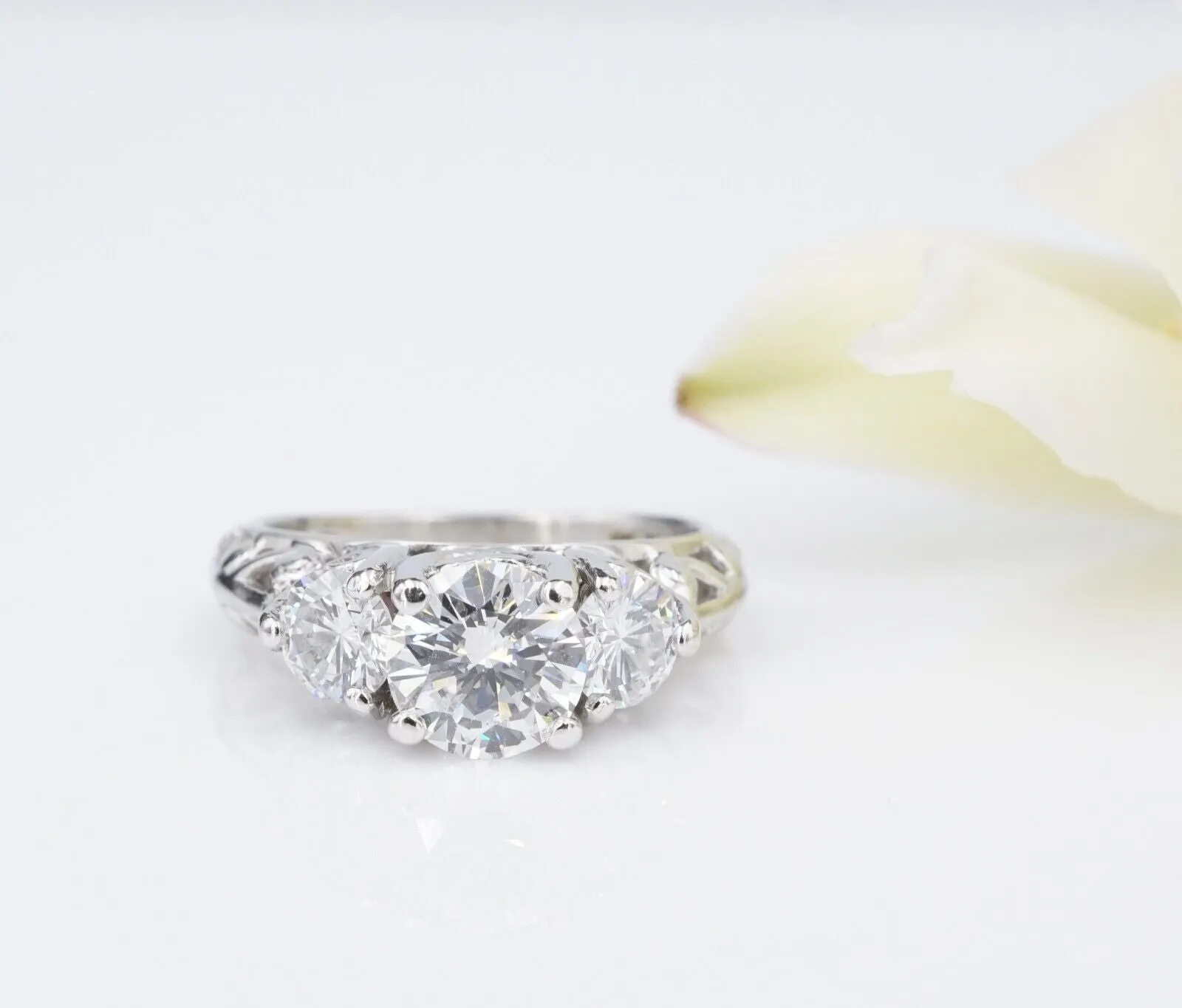 Platinum 3-Stone 1.8 ct Natural Diamond Engagement Ring Size 5.25 Vintage RG4351