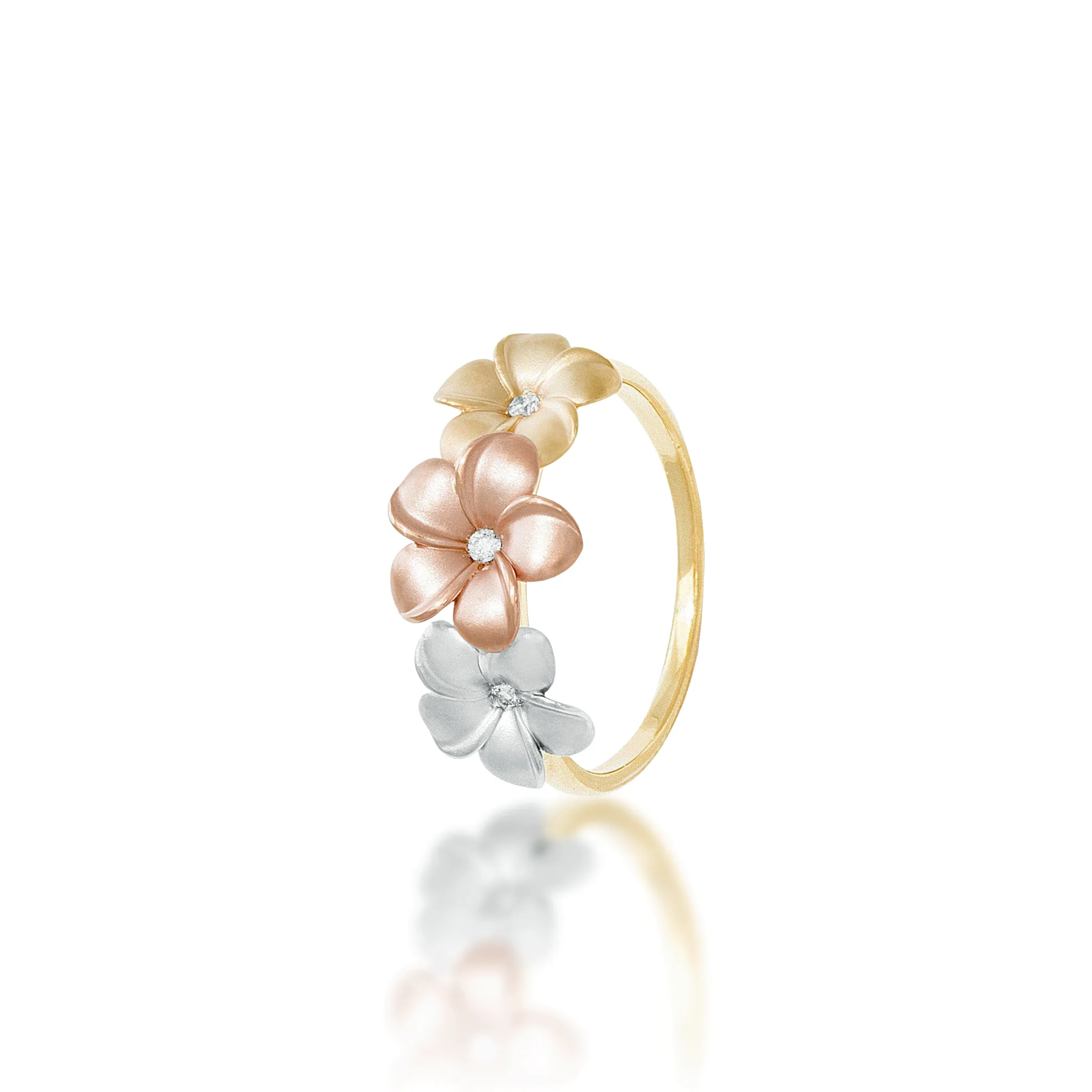 Plumeria Ring in Tri Color Gold with Diamonds - 10mm
