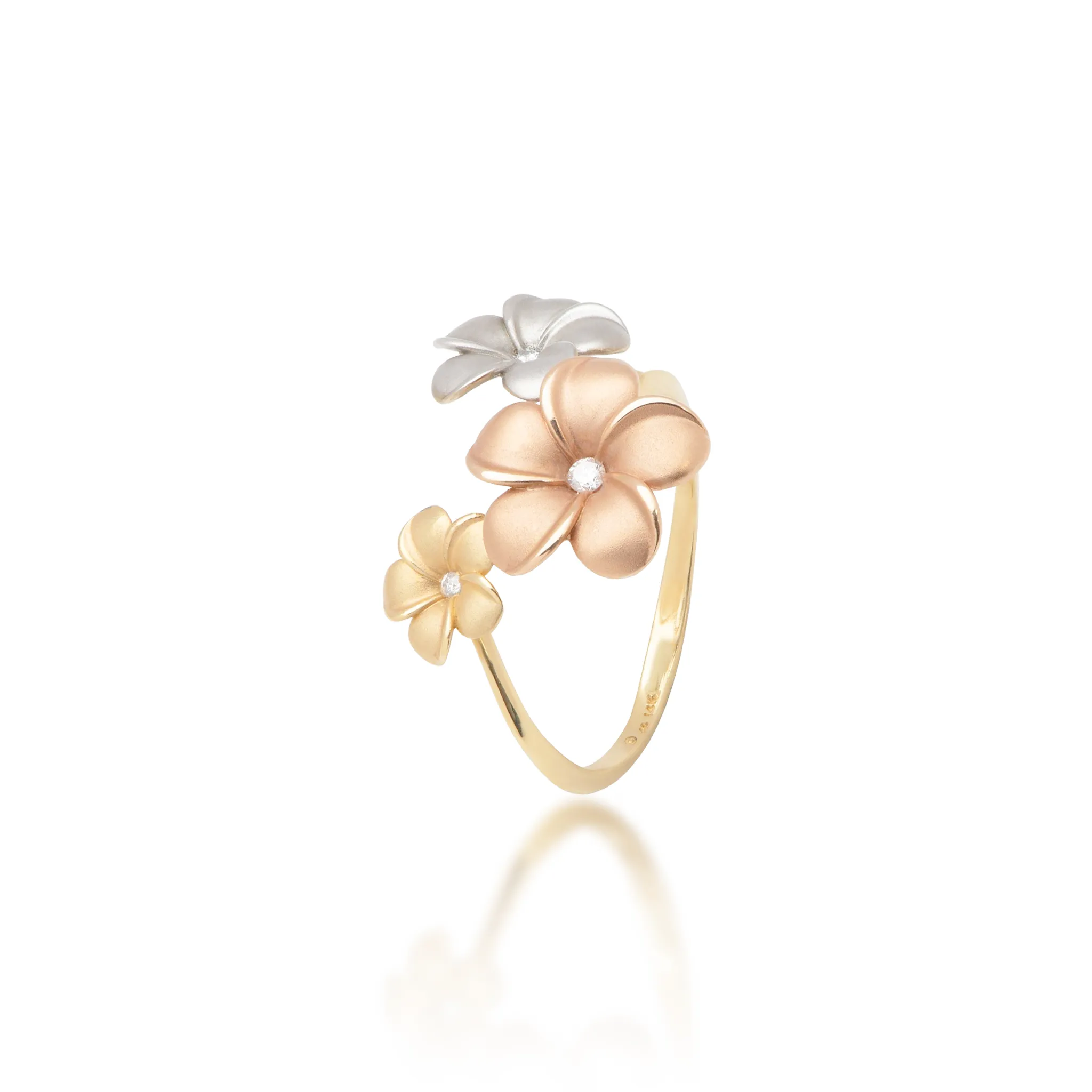 Plumeria Ring in Tri Color Gold with Diamonds - 12mm