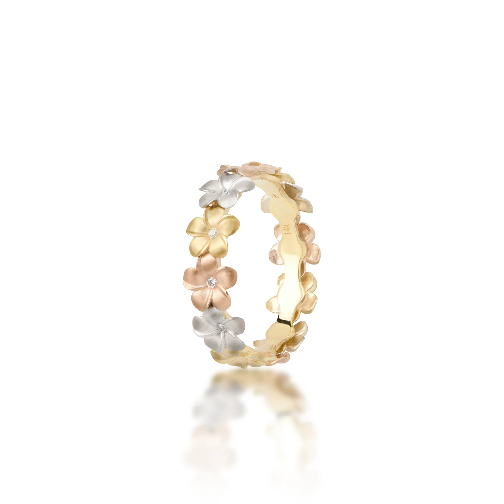 Plumeria Ring in Tri Color Gold with Diamonds - 5mm