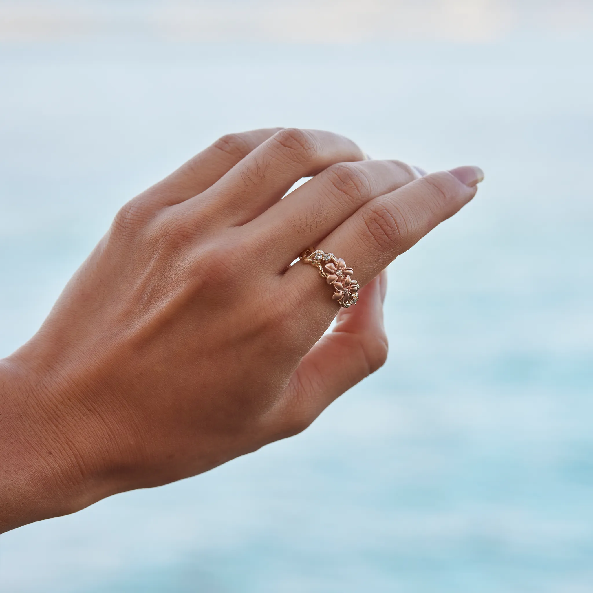 Plumeria Ring in Two Tone Gold with Diamonds - 10mm