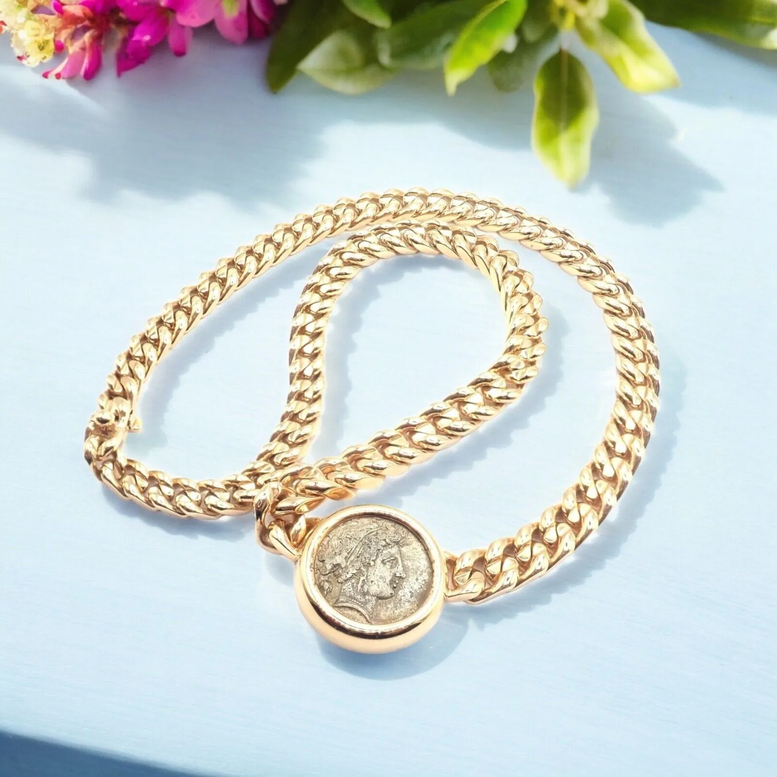 Rare! Bvlgari Bulgari 18k Yellow Gold Antique Coin Monete Link Necklace