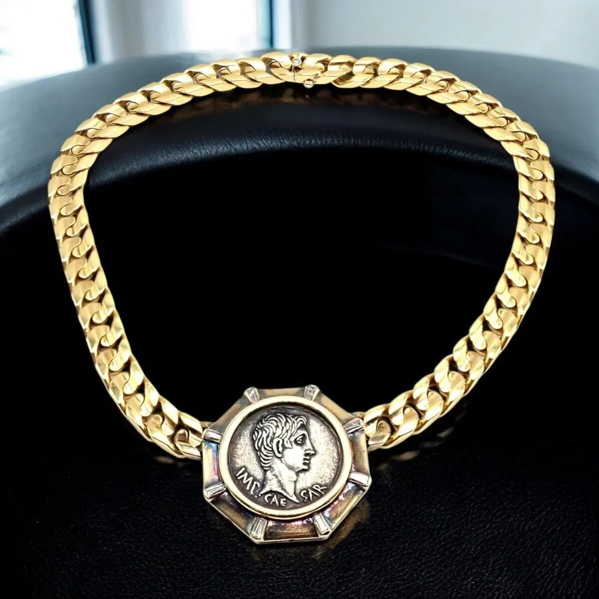 Rare! Bvlgari Bulgari 18k Yellow Gold Diamond Monete Antique Coin Link Necklace