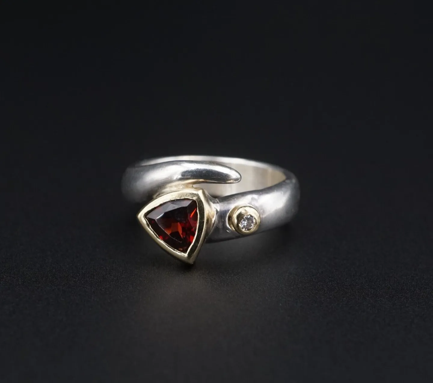 Sterling Silver 14k Gold Garnet Diamond Bypass Ring Size 7 Vintage WH RS3598